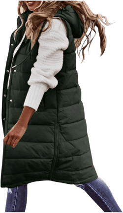 Women's Long Puffer Vest Plus Size Sleeveless Hooded Vest Winter Lightweight Full Zip Outdoor Puffer Vest Jacket Coat 3X-Large Ca- Green