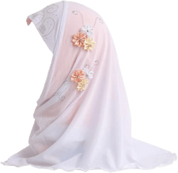 Kids Girls Crystal Flower Muslim Khimar Hijab Headscarf Elastic Beanie Arab Scarf Shawls Islamic Turban Cap Style 2-white