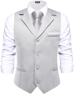 Hi-Tie Mens Tuxedo Suit Vest Grey Solid Dress Waistcoat for Men Satin Mens Tuxedo Vest Business Wedding Grooms Party, X-Large
