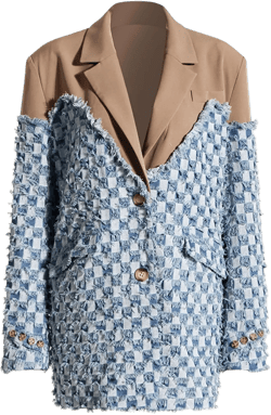 Vaceky Denim Patchwork Blazer Women Checkered Lightweight Fringe Jean Jacket Khaki X-Large