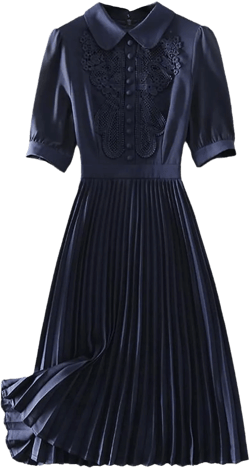 Retro Embroidered Pleated Dress Women's Summer Short Sleeve Midi-Length Party Dress Elegant Slim High Waist A-Line Dress Small Navy Blue
