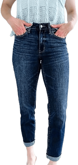 Tummy Control Cuffed Slim Fit Jeans, High Waist Stretchy Trendy Casual Sports Skinny Jeggings Jeans for Women 3XL (22-24) Vintage Dark Wash/Regular