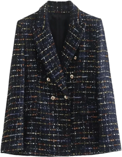 Women Vintage Notched Collar Colorful Ribbon Plaid Tweed Woolen Blazer Chic Suits Tops