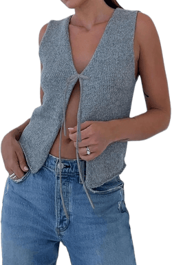Women Y2k Crochet Vest Top Vintage Solid Knit V Neck Sleeveless Button Down Crop Tops Tank Sweater Casual Streetwear Gray Solid Color Large