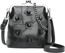 Vintage Kiss Lock Shoulder Bag With Tassel, Leather Flowers Rivets Chain Handle Handbag, Retro Messenger Crossbady Satchel for Women