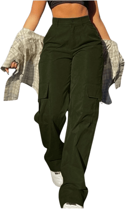Women High Waisted Cargo Pants Y2K Baggy Parachute Pant Wide Leg Loose Trousers with Pockets for Streetwear Small Army Green