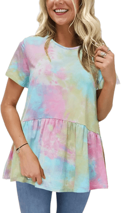 Hibluco Women's Summer Tops Short Sleeve Round Neck Floral Print Shirt Tunic Blouse Pink Tie Dye Small