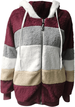 TIAFORD Women's Sherpa Jacket Fuzzy Fleece Zip Up Hoodie Oversized Jackets Winter Warm Fluffy Coat with Pockets Stripe#burgundy 4X-Large