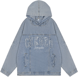 Men Denim Jacket Washed and Worn Hooded Denim Jacket Men's Loose Spring and Autumn Denim Sweatshirt