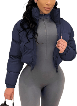 Angsuttc Puffer Jacket Womens Cropped Zip Up Padding Warm Quilted Jackets Winter Coats X-Small Navy Blue