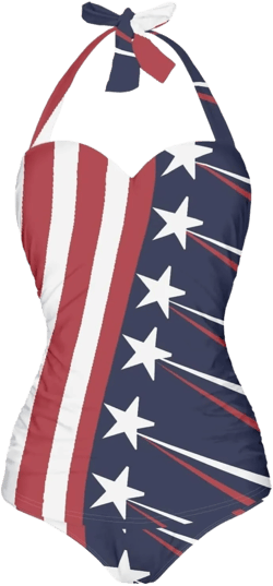 Tummy Control Swimwear Halter One Piece Slimming Vintage Retro Swimsuit Womens Ruched Push Up Bathing Suit Medium Classic American Flag Stars