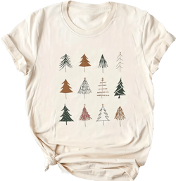Festive Charm: Women's Christmas Tree Printed Tee - Casual and Comfortable Short Sleeve Crew Neck T-Shirt
