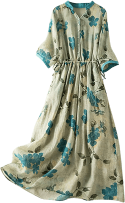 Womens Long Sleeve Dresses Crew Neck Linen Beach Fairy Hawaiian Ruched Maxi Long Dresses 2024