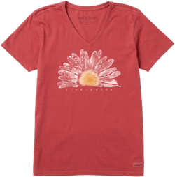 Life is Good Women's Crusher Tee, Short Sleeve Cotton Graphic T-Shirts, Watercolor Daisy Birds Faded Red Small
