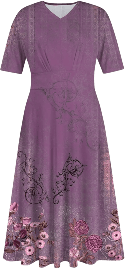 FlekmanArt Maxi Dress for Women Print Short Sleeve A-Line Beach Waist V Neck Trendy Swing Dress X-Large 4-purple