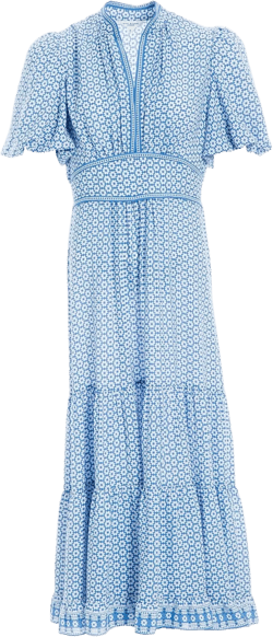 Max Studio Women's Short Sleeve V-Neck Tiered Maxi Dress Size X-Small, Cream Blue