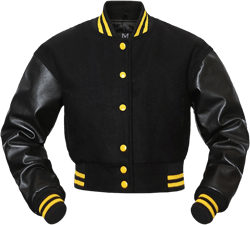 Cropped Jacket Varsity Letterman Crop Jackets for Women Wool Body Leather Sleeves Full Wool/Leather/Sublimated Jacket Black With Yellow Stripes X-Large