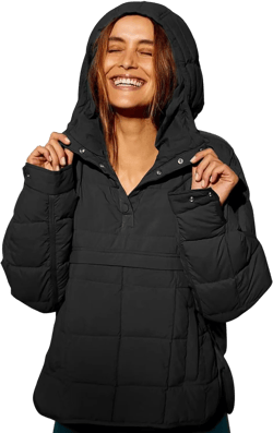 Womens Quilted Pullover Puffer Jacket Oversized Lightweight Hoodies Packable Winter Padded Coat Tops Small Black