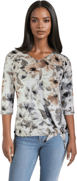 V Neck Sweater-like Front Tie Top - Grey Print (D1902669R)