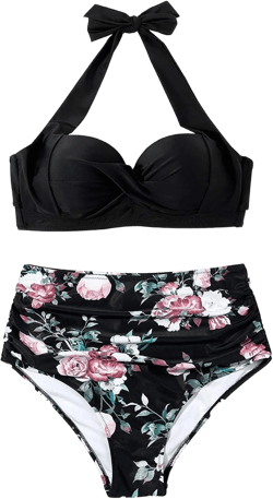 High Waisted Swimsuits for Women Vintage Floral Swimwear Push Up Bikini Top Pleated Tummy Control Bottom Bathing Suits Black