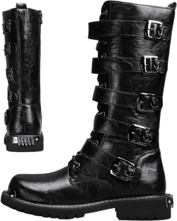 Mens Black Cool Style Eye Catching Buckle Closure High Top Leather Motorcycle Boots Waterproof Non Slip Wear Resistant Durable Stitching Shoes Body Lightweight And Soft Shoes 11 Wide Black