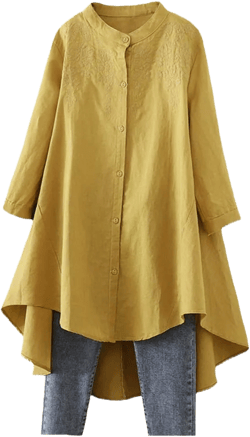 Minibee Women's Cotton Linen Shirt High Low Button Down Embroidered Blouse Long Sleeve Tunic Tops with Pocket Large Yellow