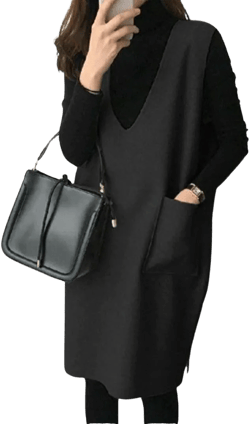 chouyatou Women's Long Wool Vest Sleeveless V Neck Wool Blend Midi Vest Dress with Pockets Small Black