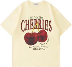 Aelfric Eden Oversized Graphic Tees Unisex Cherries Print T Shirts Casual Summer Short Sleeve Top Cotton Cute Tee Shirt Small Apricot