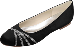 TarfiC Women's Pointy Toe Flat Comfortable Faux Satin Work Shoes,Rhinestones Bride Cute Slip On Ballet black 9