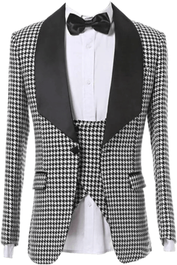 Premium Men White Houndstooth Plaid Tweed Blazer Prom Tuxedo Shawl Lapel Check Groom Slim Fit 3 Pieces Suit Jacket Pants Vest 4X-Large White