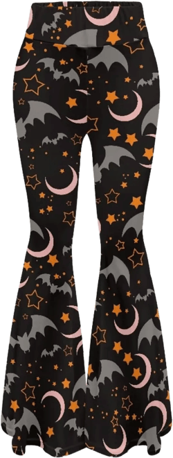 Ladies Womens Flare Leggings Flare Sweatpants Women Butt Lift XX-Large Moon Stars Halloween Bat-13