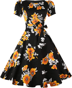 tagunop Women's Boatneck Vintage 1950s Cocktail Party Dress with Puff Sleeves X-Large Orange Flower