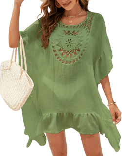 Womens Swimsuit Cover Ups for Swimwear Floral Flounce Round Neck Bikini Cover Crochet Chiffon Swim Wear Beach Coverups Army Green One Size