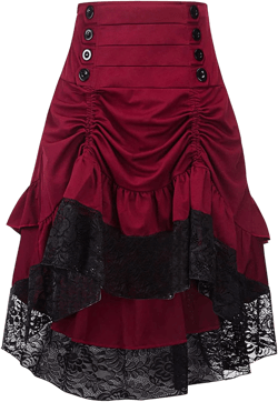 Aniywn Women's Lace Steampunk Gothic Long Maxi Skirt Victorian Ruffles Asymmetrical High-Low Skirt Dress for Party X-Large Red
