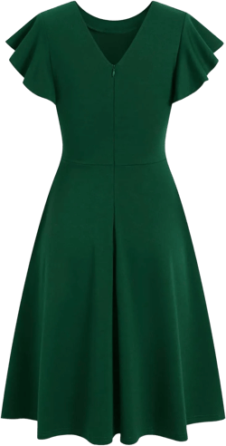 MSLG Women's Fit and Flare Ruffle Short Sleeves Dresses Work V-Back Cocktail Semi Formal A Line Dress with Pockets 842 Dark Green XX-Large