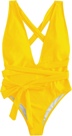 Lilosy Sexy Lace Up Plunge Neck Backless High Waisted Low Cut Leg Rise Thong Cheeky Brazilian 1 Piece Bikini Swimsuit Women Back Bathing Suit Tie Criss Cross Monokini Yellow X-Small