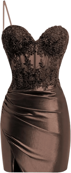 Spaghetti Straps Satin Homecoming Dresses for Teens Lace Appliques Short Prom Dress VS092N Brown 10