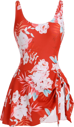 FYMNSI One Piece Swim Dress Swimsuits for Women High Waisted Bathing Suits Tummy Control Scoop Neck Backless Ruched Swimdress Skirt Modest Swimwear 2024 Beach Vacation Outfits Red Floral M