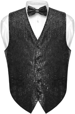 Vesuvio Napoli Men's SEQUIN Design Dress Vest & Bow Tie BLACK Color BOWTie Set for Suit Tux Large Black