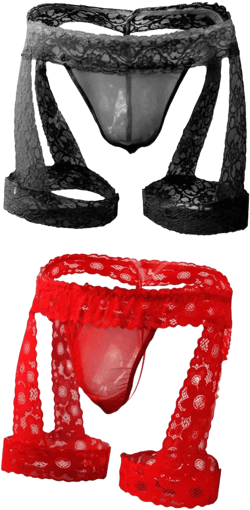 Men's Lingerie Underwear Lace Trim Thong Bulge Pouch G-String Bikini Thongs with Garter 2 PCS Set One Size Black Red