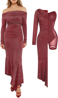 Popilush Sparkly Dresses for Women Long Sleeve Off The Shoulder Cocktail Dresses Bodycon Shapewear Mermaid Dress Red XX-Large