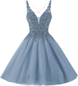 Glitter Tulle Homecoming Dresses Short Lace Applique Prom Dresses for Teens Beaded Mini Party Dresses, Dusty Blue, Size 20