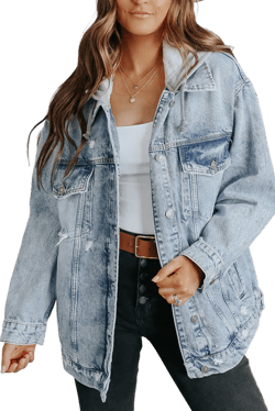 Button Closure Ripped Hooded Denim Jacket