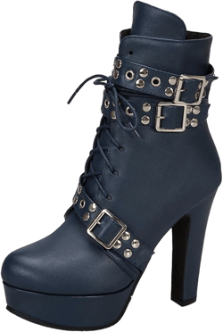 Women Studded Belt Buckle Chunky High Heel Ankle Boots Sexy Round Toe Lace-up Punk Combat Warm Platform Gothic Knight Mid Calf Booties 13.5 Blue