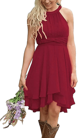Women's Knee Wedding Guest Dress Country Bridesmaid Dress Halterneck Chiffon Short Homecoming Dress 20 Dark Red