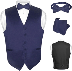 Men's Dress Vest BOWTie Hanky Solid Color Bow Tie Set Suit or Tuxedo TALL Sizes X-Large Tall Navy Blue