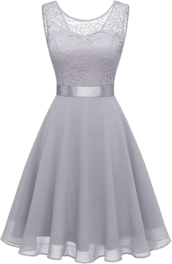 BeryLove Women's Cocktail Dresses | Prom,Sleeveless,Flowy A Line,Wedding Guest Lace Formal Dresses Medium Short-grey