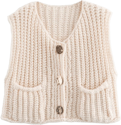 Perbai Womens Button Down Crop Sweater Vest Sleeveless Cable Knit Cropped Cardigan with Pockets