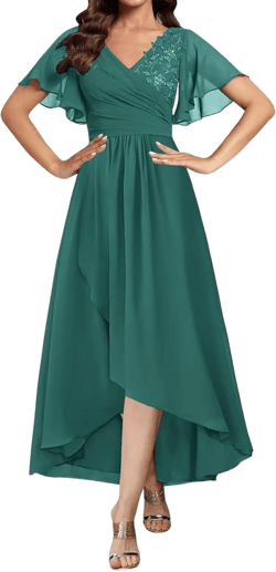 Tea Length Chiffon Mother of The Bride Dresses with Sleeves Lace A-Line Formal Dress Teal 18 Plus