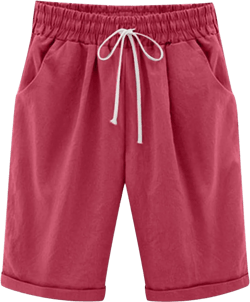 Cotton Linen Shorts for Women Casual Knee Length Bermuda Shorts Elastic Waist Gym Workout Shorts Summer Beach Shorts Small Red